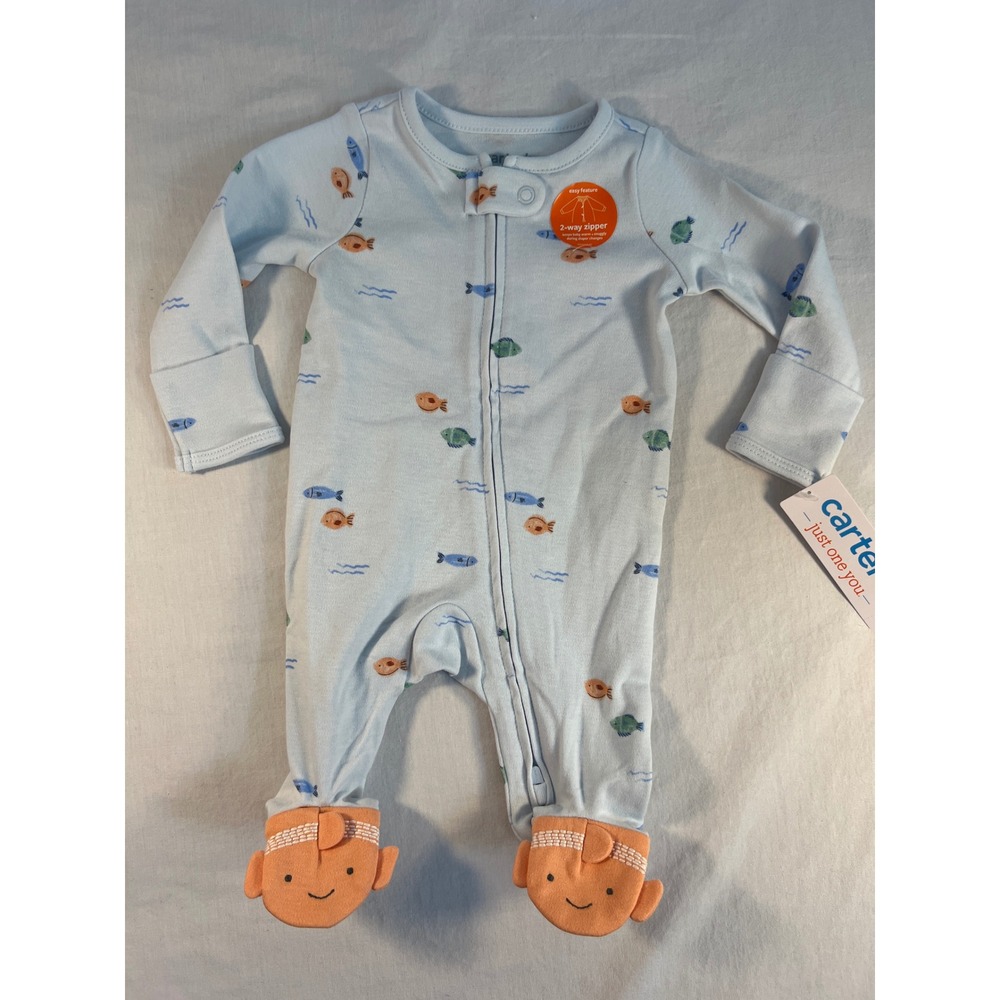 Carters Just One You Newborn Blue Fish Print 2-Way Zipper Footed Sleeper